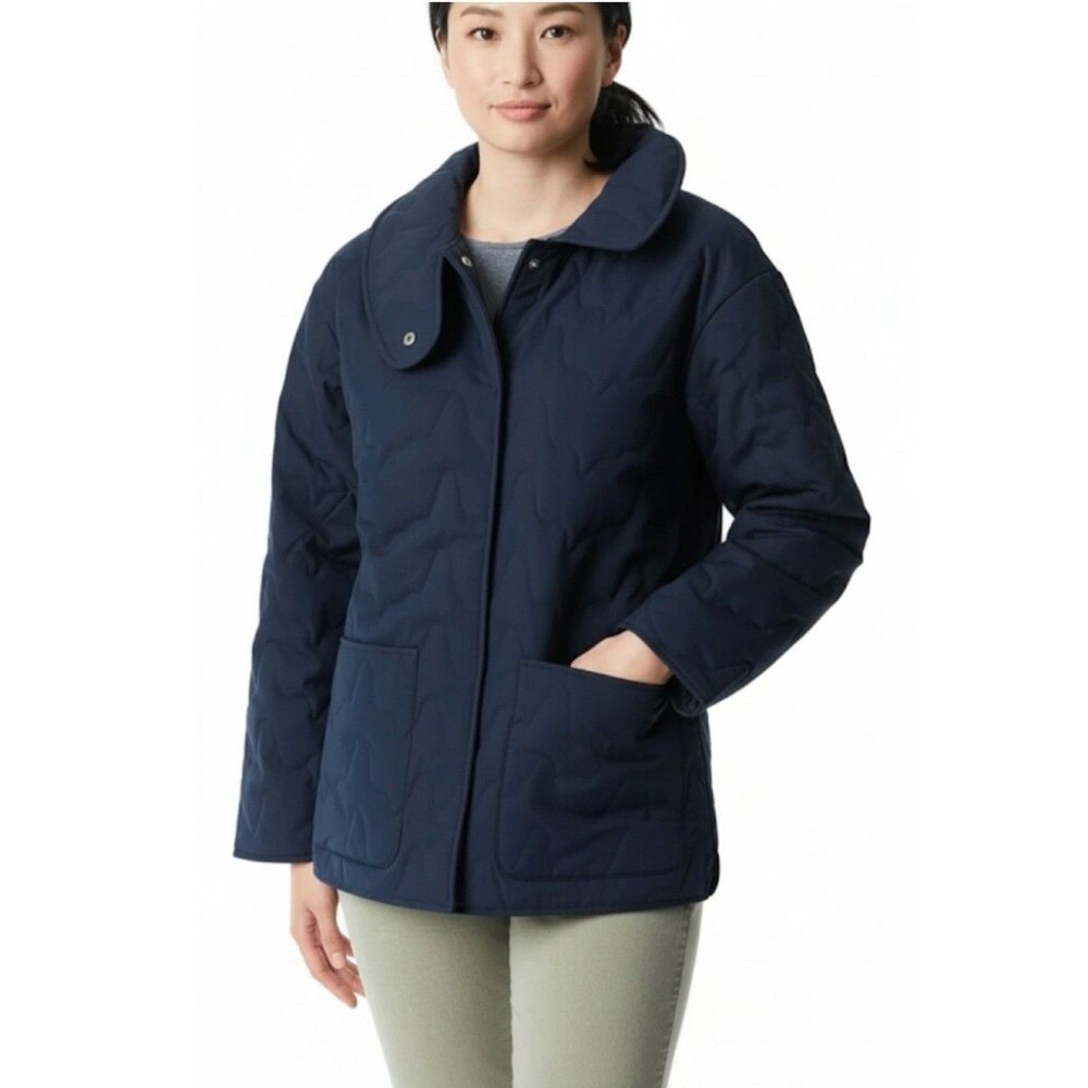 Bass Outdoor Women's Medium Quilted Long Sleeve Jacket Navy Blue Snap Front